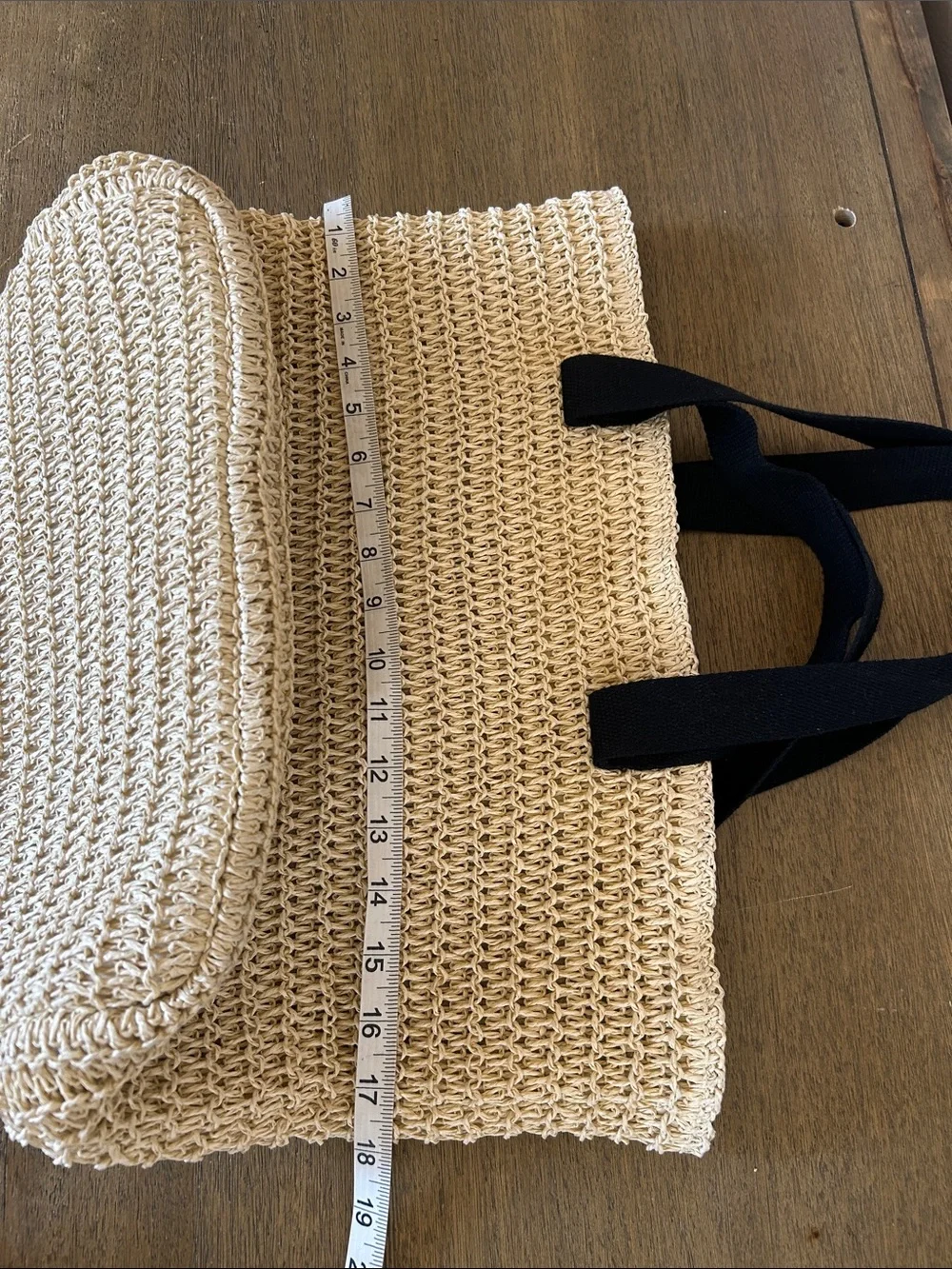 Divided Woven Straw Tote Bag with Black Straps - Neutral Color. NWOT.